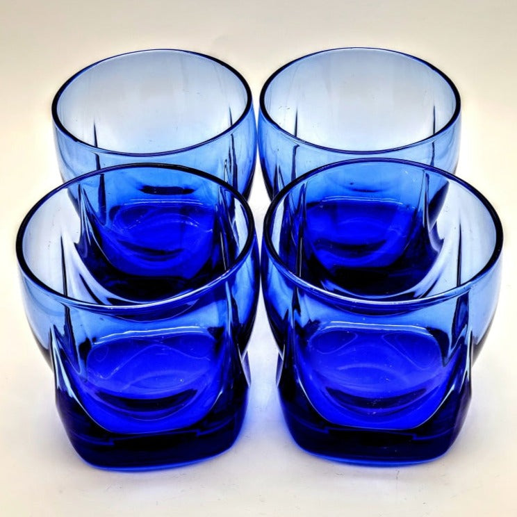 4 Pc - Cobalt Blue Double Old Fashioned Vintage Glasses Glassware