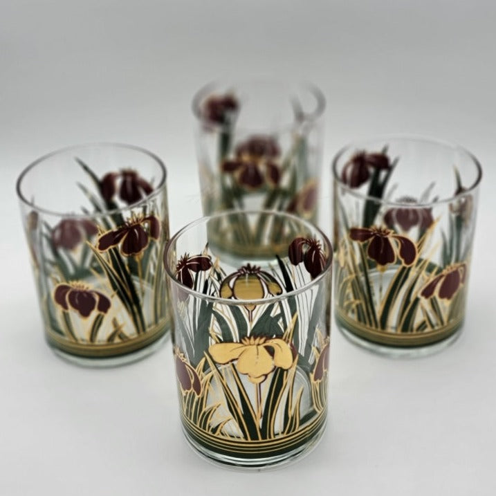 4 Pc - Vintage Culver Gold Iris Rocks Whiskey Drinking Glasses Glassware