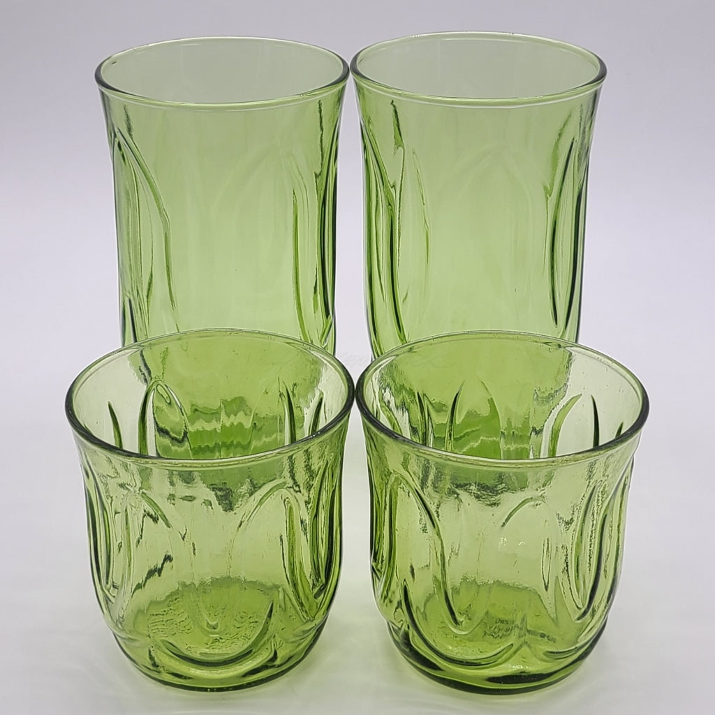 4 Pc - Vintage Green Glass Tumblers Glassware