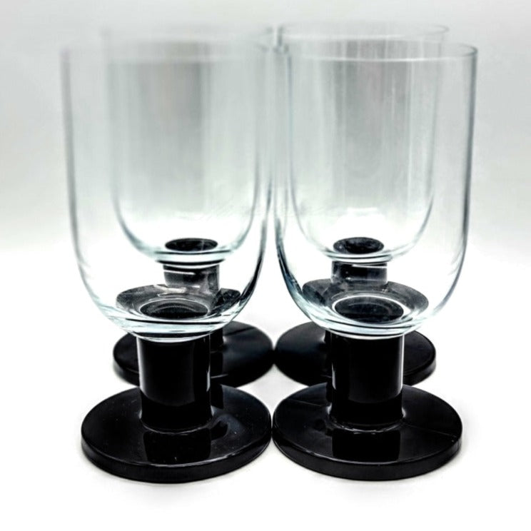 4 Pc - Vintage Puck Highball Glasses With Black Glass Footed Base Glassware