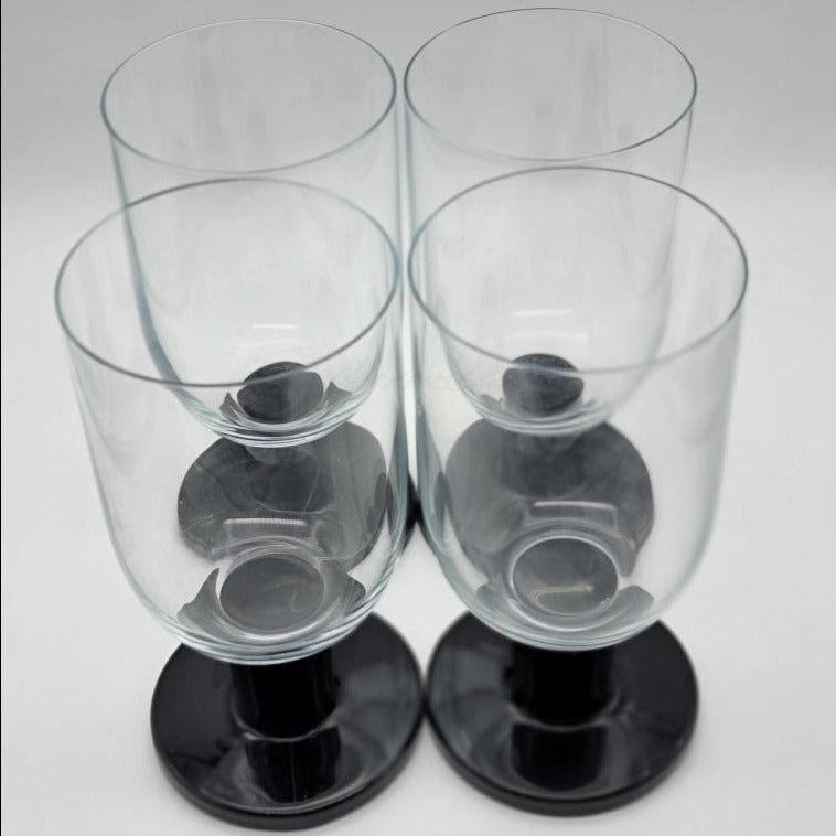 4 Pc - Vintage Puck Highball Glasses With Black Glass Footed Base Glassware