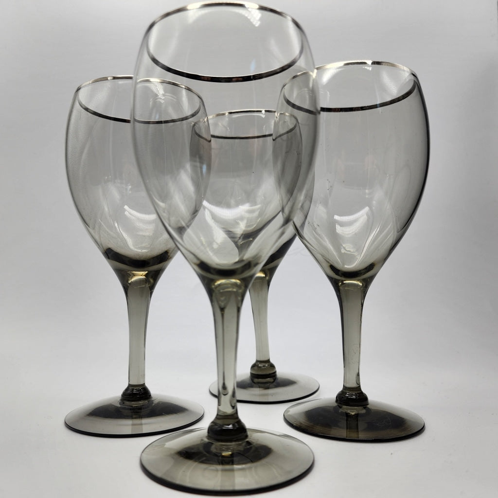 4Pc - Vintage Tiffin Franciscan Midnight Mist Crystal Wine Smokey Glasses Glassware