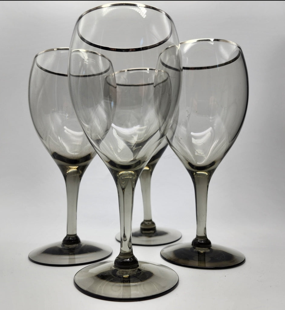 4Pc - Vintage Tiffin Franciscan Midnight Mist Crystal Wine Smokey Glasses Glassware