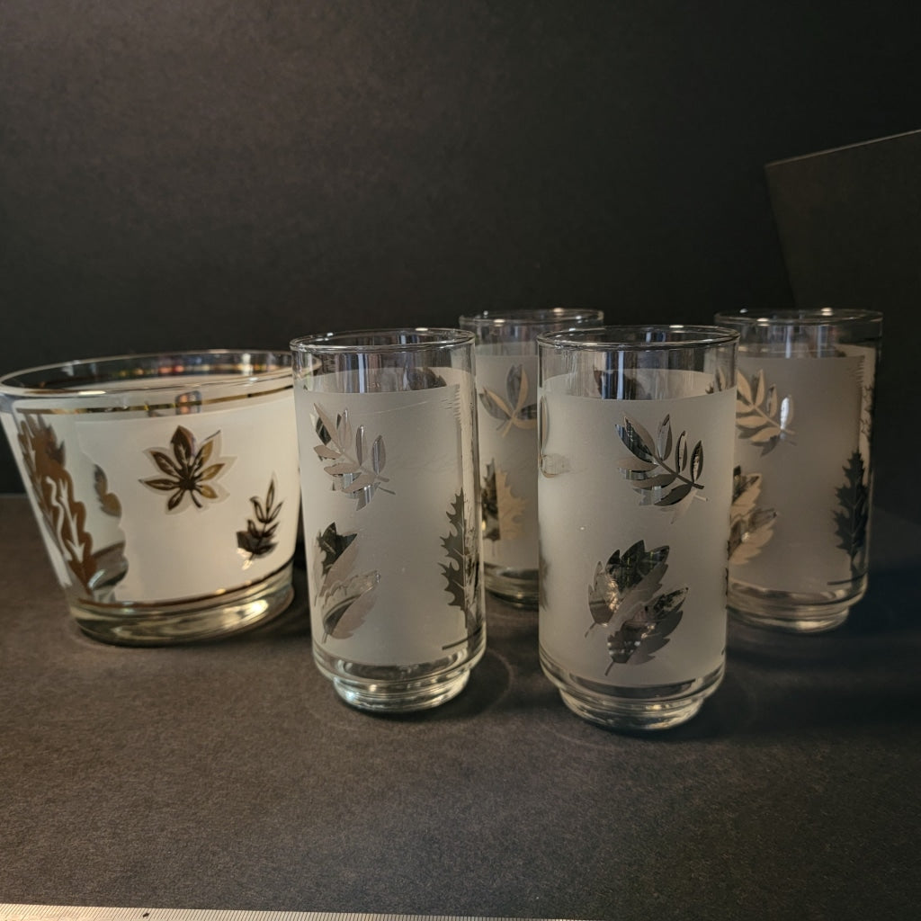 5 Pc - Libbey Frosted Silver Leaf Juice Glasses Vintage Glassware