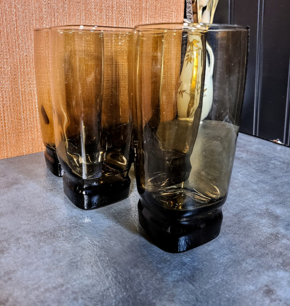 6 Pc - Vintage Libbey Smokey Carrington Square Bottom Highball Drinking Glasses Glassware