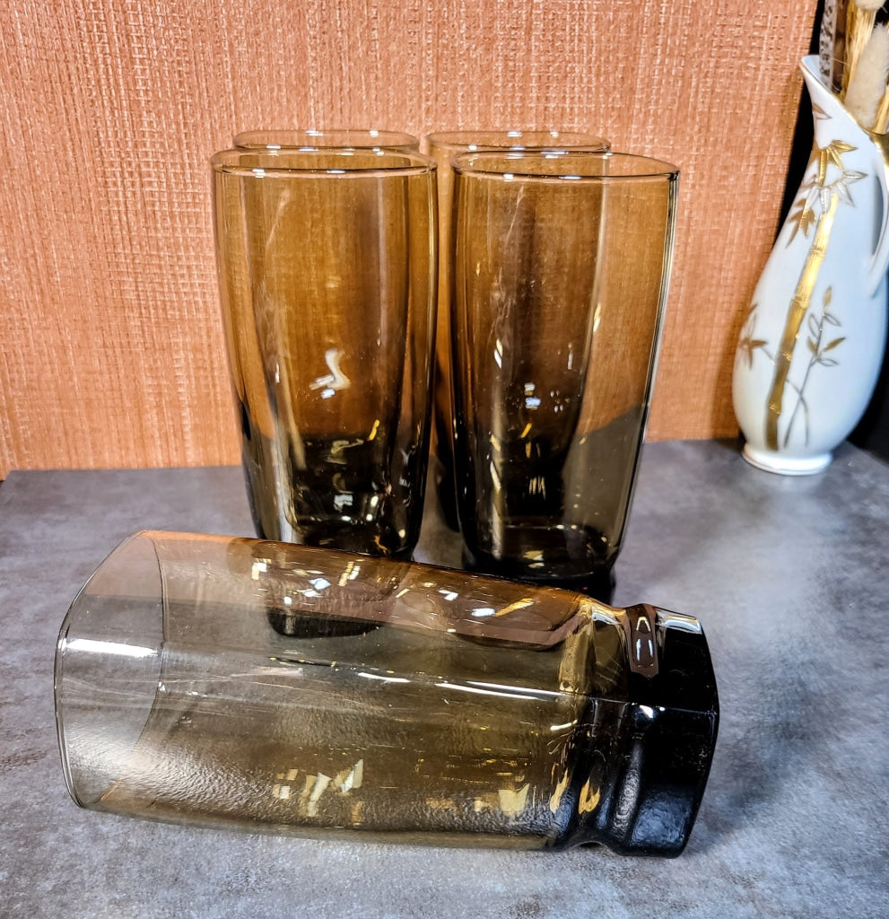 6 Pc - Vintage Libbey Smokey Carrington Square Bottom Highball Drinking Glasses Glassware