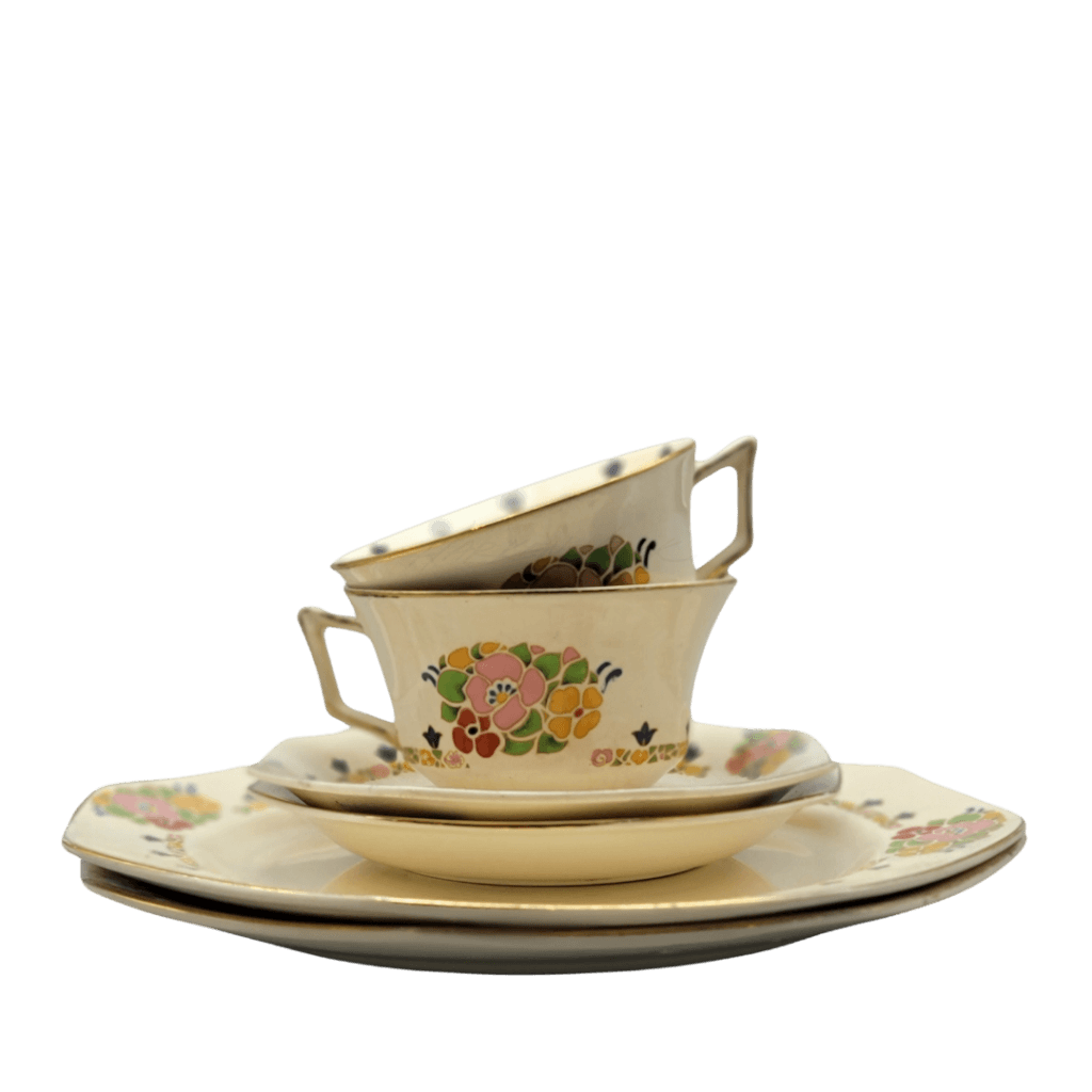 6Pc Brunch Set For Two - Vintage Royal Ivory John Maddock 1927 Teacup Set And Saucers Glassware