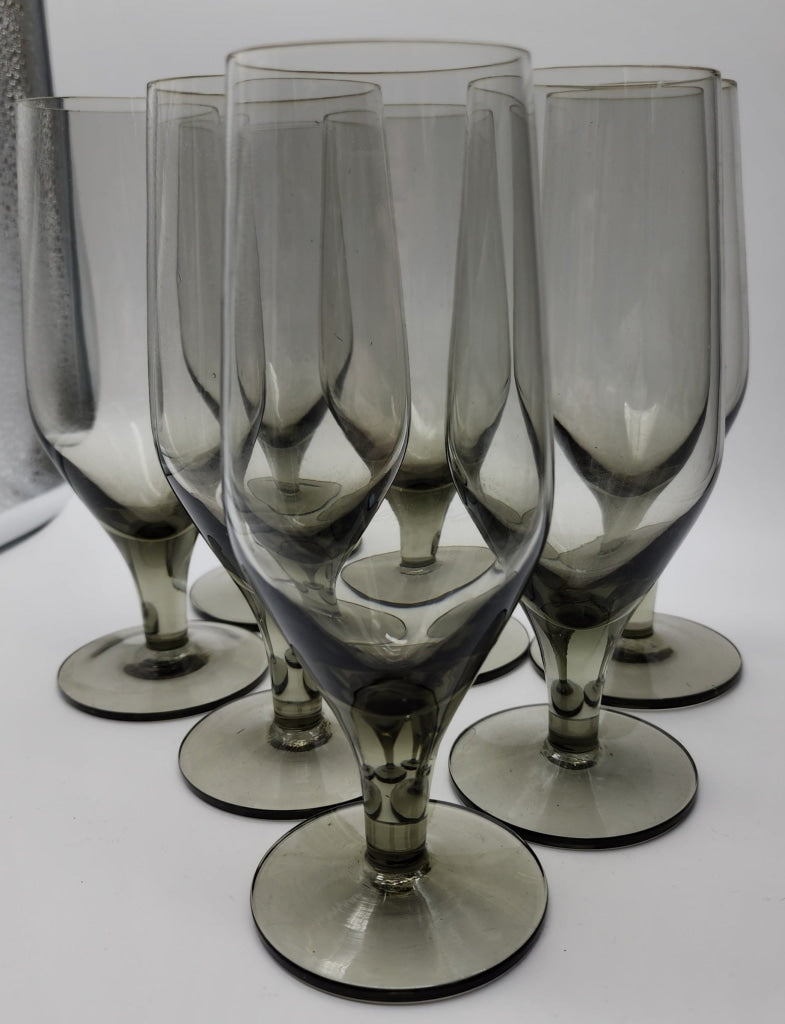 6Pc - Vintage Smokey Gray Stemmed Glasses Cocktails Wine Beer Drinkware Glassware