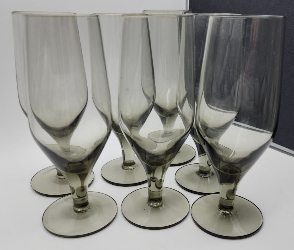 6Pc - Vintage Smokey Gray Stemmed Glasses Cocktails Wine Beer Drinkware Glassware