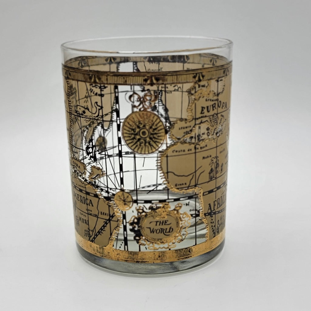 7 Pc Vintage Cera Old World Map Pattern 22K Gold Lowball And Tall Glasses Glassware