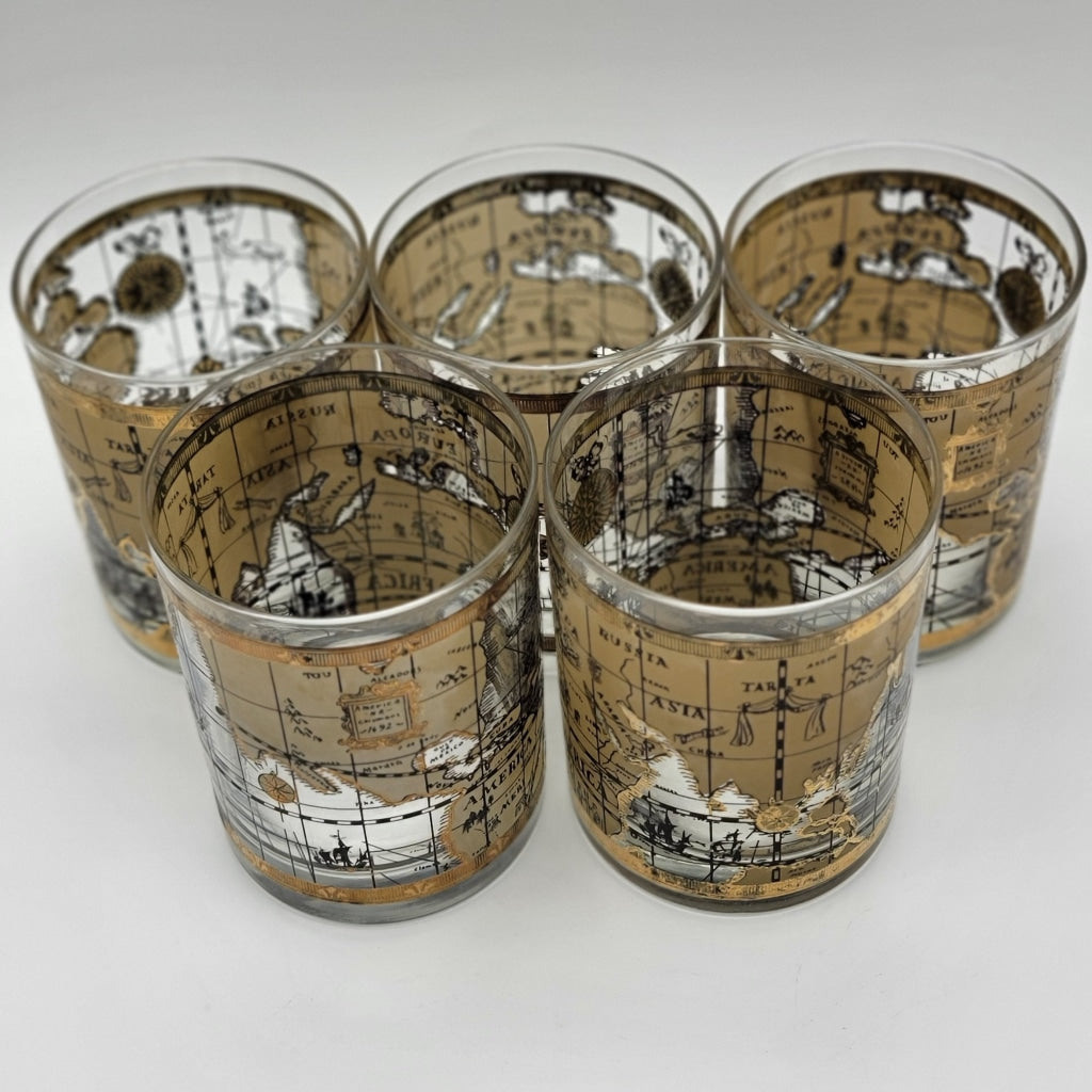 7 Pc Vintage Cera Old World Map Pattern 22K Gold Lowball And Tall Glasses Glassware