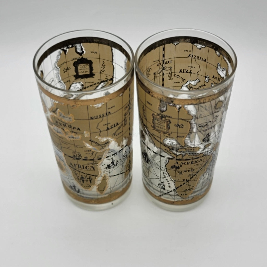 7 Pc Vintage Cera Old World Map Pattern 22K Gold Lowball And Tall Glasses Glassware