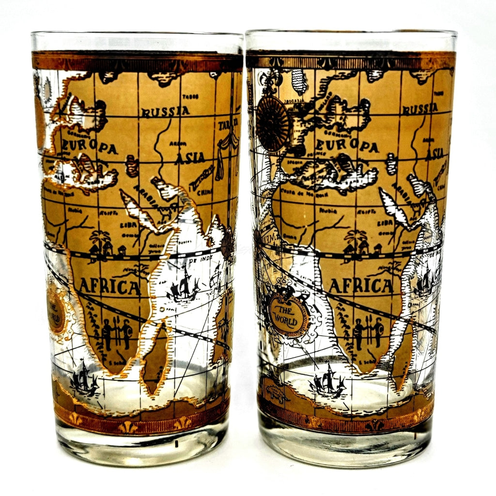 7 Pc Vintage Cera Old World Map Pattern 22K Gold Lowball And Tall Glasses Glassware