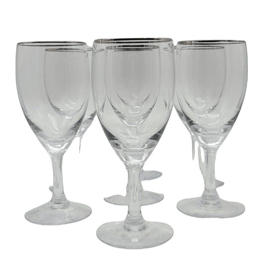 7Pc - Vintage Clear Silver Rimmed Mcm Wine Glasses Glassware
