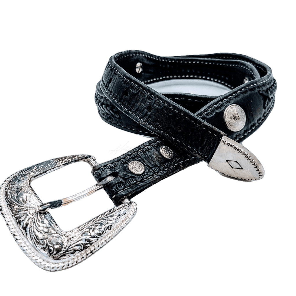 Black Leather Western Belt With Silver Conchos And Engraved Buckle Vintage