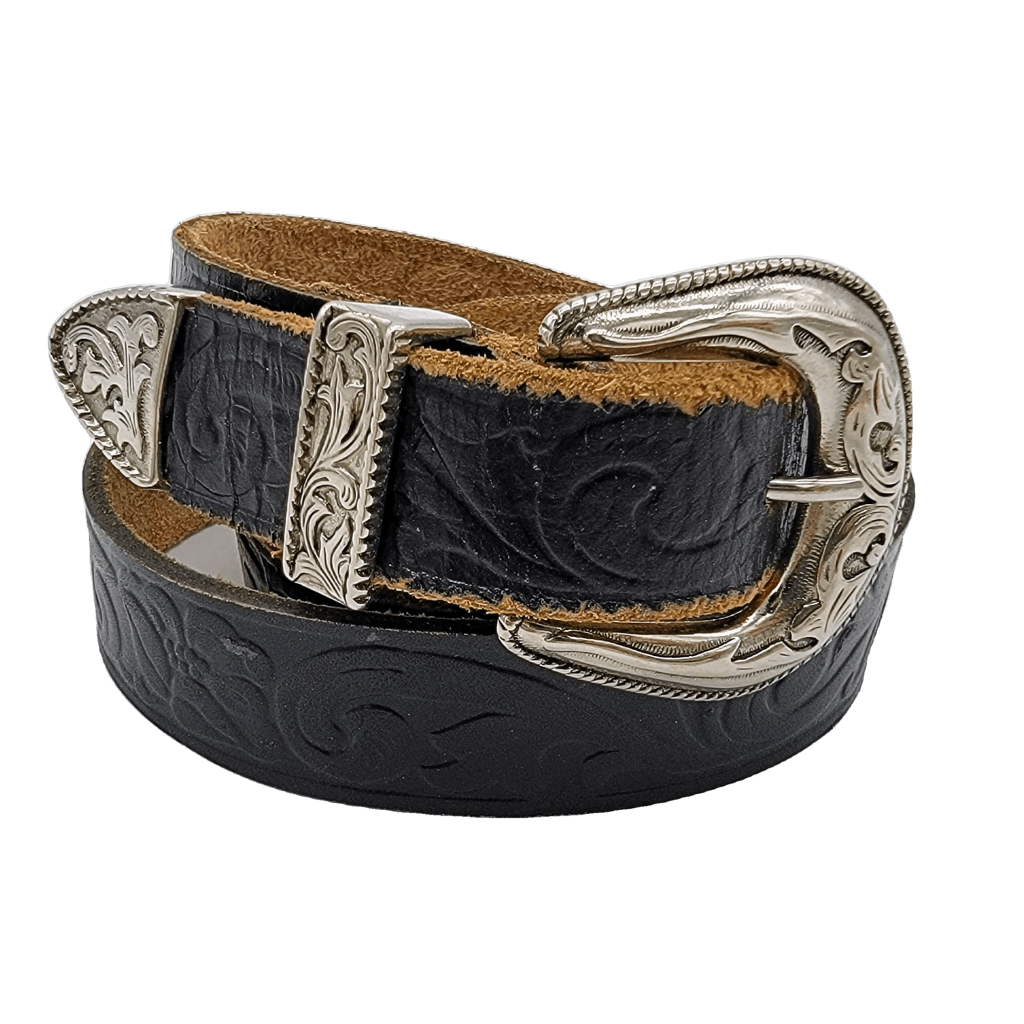 Black Leather Western Belt With Silver Detailed Buckle Vintage