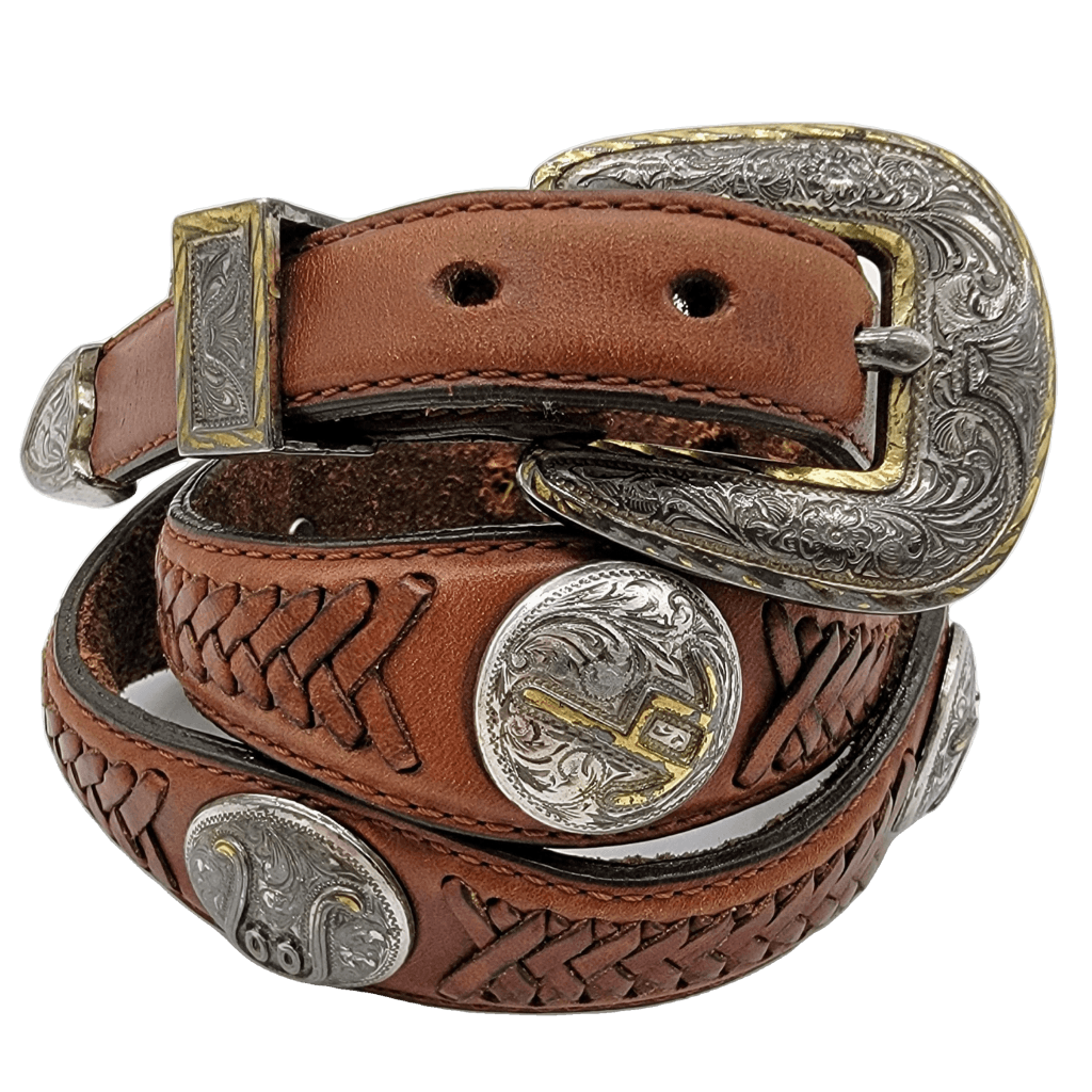 Braided Leather Belt With Brand Conchos And Silver Buckle 28 Vintage Western
