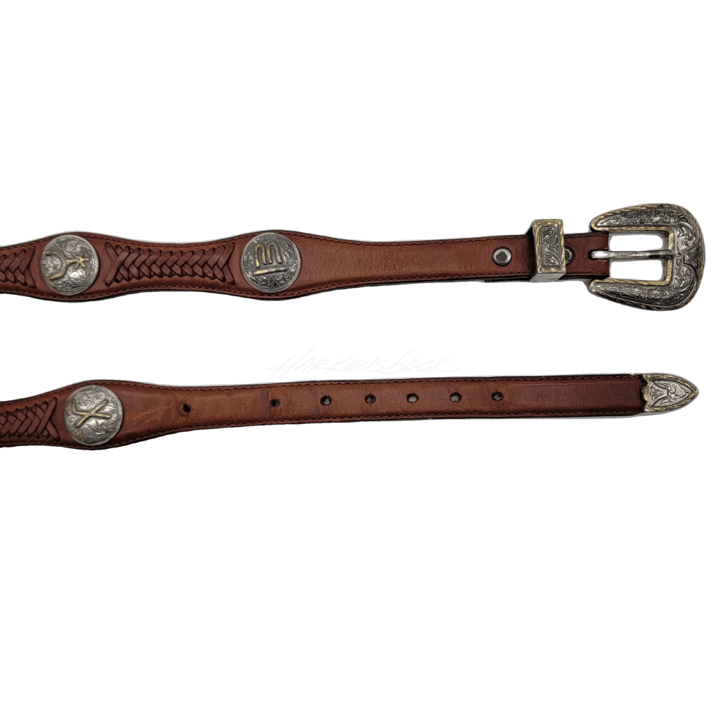 Braided Leather Belt With Brand Conchos And Silver Buckle 32 Vintage Western