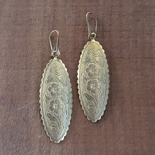 Brass Floral Pattern Oval Drop Earrings Jewelry Earring