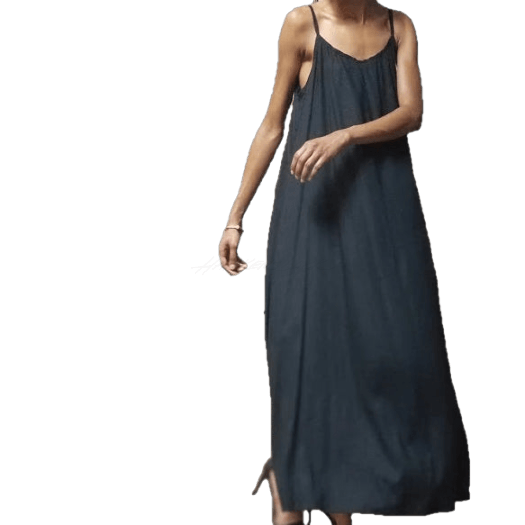 Black Cami Maxi Dress with an a-line silhouette, side seam pockets, and a center front seam detail.