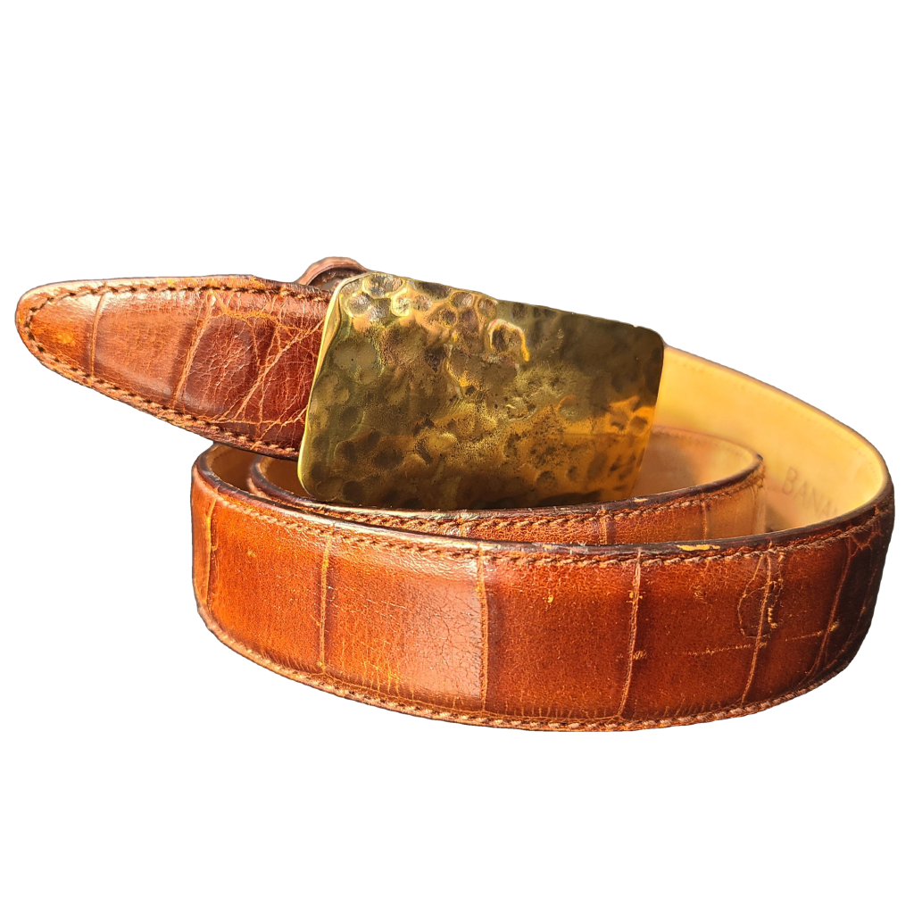 Cognac Leather Western Belt With Hammered Brass Buckle Vintage