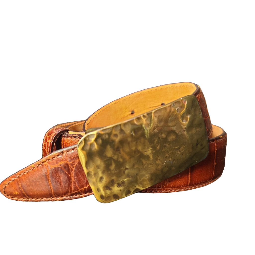 Cognac Leather Western Belt With Hammered Brass Buckle Vintage