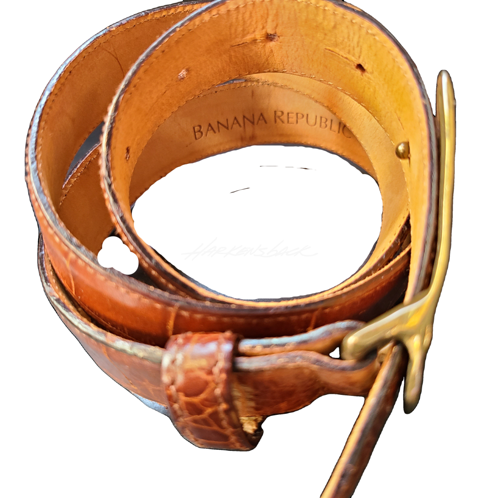Cognac Leather Western Belt With Hammered Brass Buckle Vintage