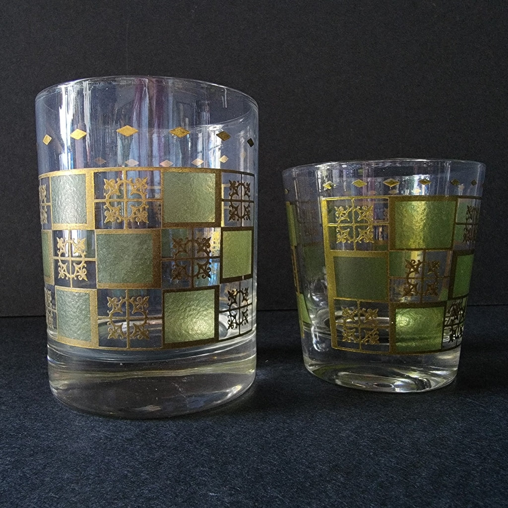 5 Pc - Culver 22K Gold And Green Rocks Glasses Vintage Glassware