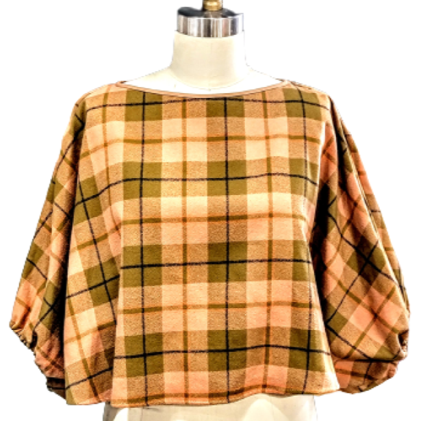 Dolman Sleeve Flannel Shirt With Gathered Tan And Olive Flannel