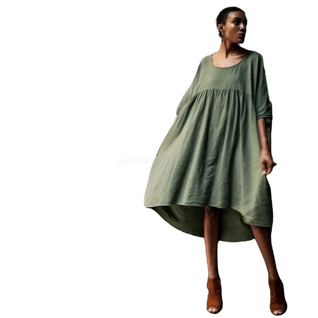 Olive Drape Dress featuring a high-low hem and in-seam pockets.
