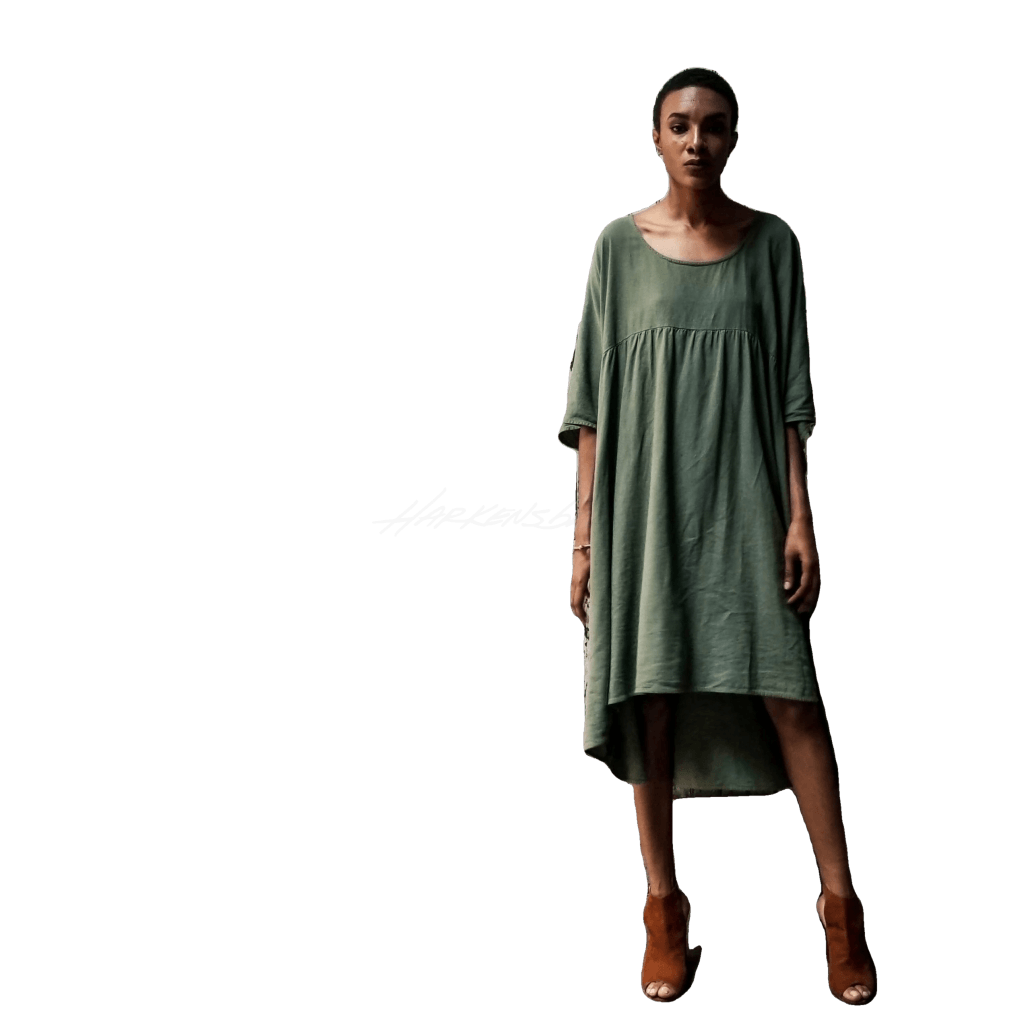 Olive Drape Dress featuring a high-low hem and in-seam pockets.