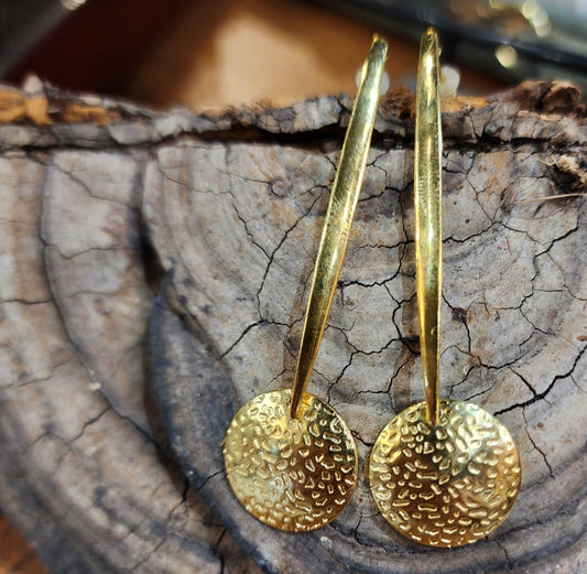 Drop Bar Dangle Hammered Discs Gold Brass Earrings 2.75 Jewelry Earring