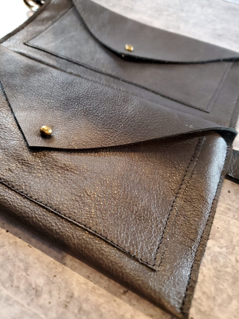 Envelope Crossbody Or Hip Bag - Adjustable Belt Black Lustre Leather
