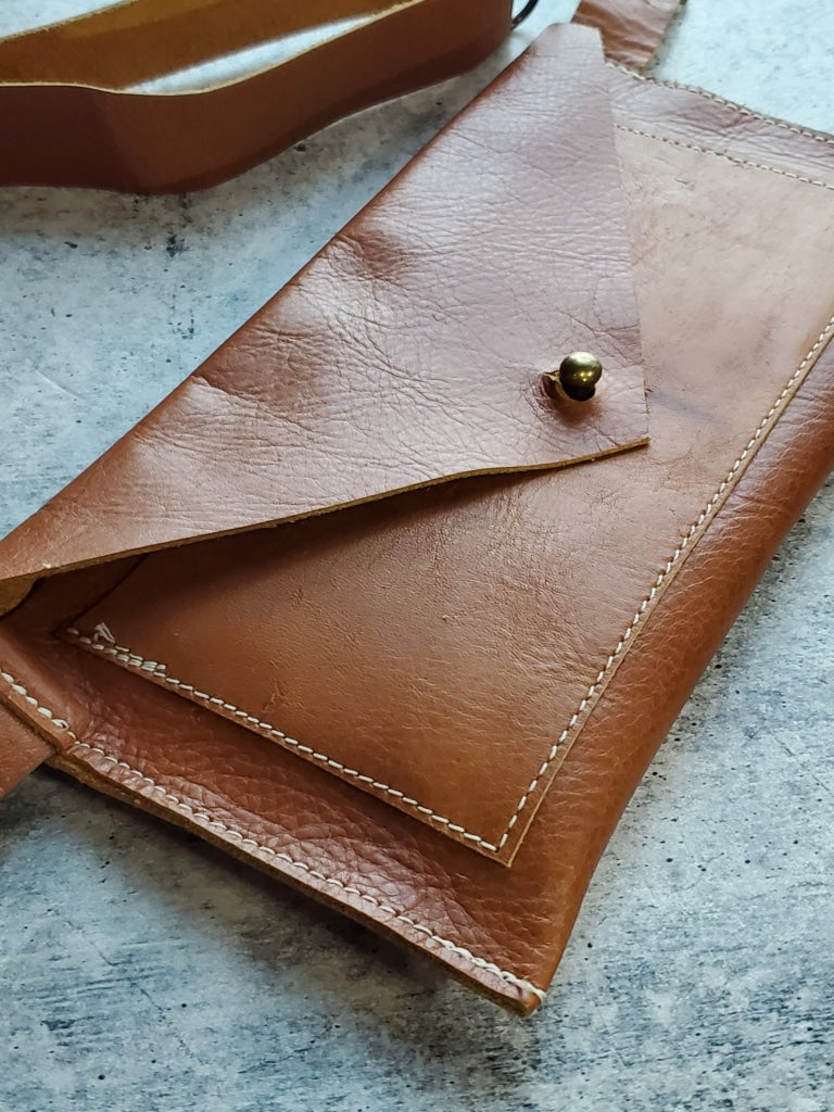 Envelope Crossbody Or Hip Bag - Adjustable Belt Cognac Leather