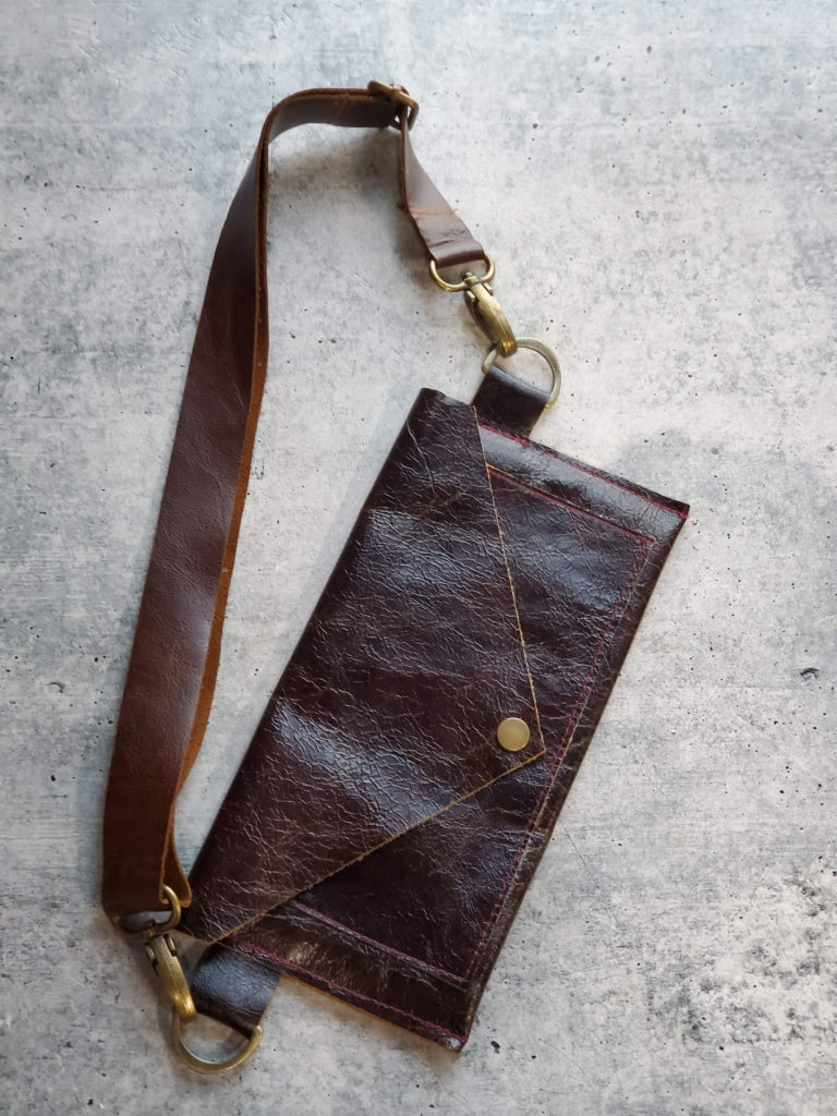 Envelope Crossbody Or Hip Bag - Adjustable Belt Mahogany Lustre Leather