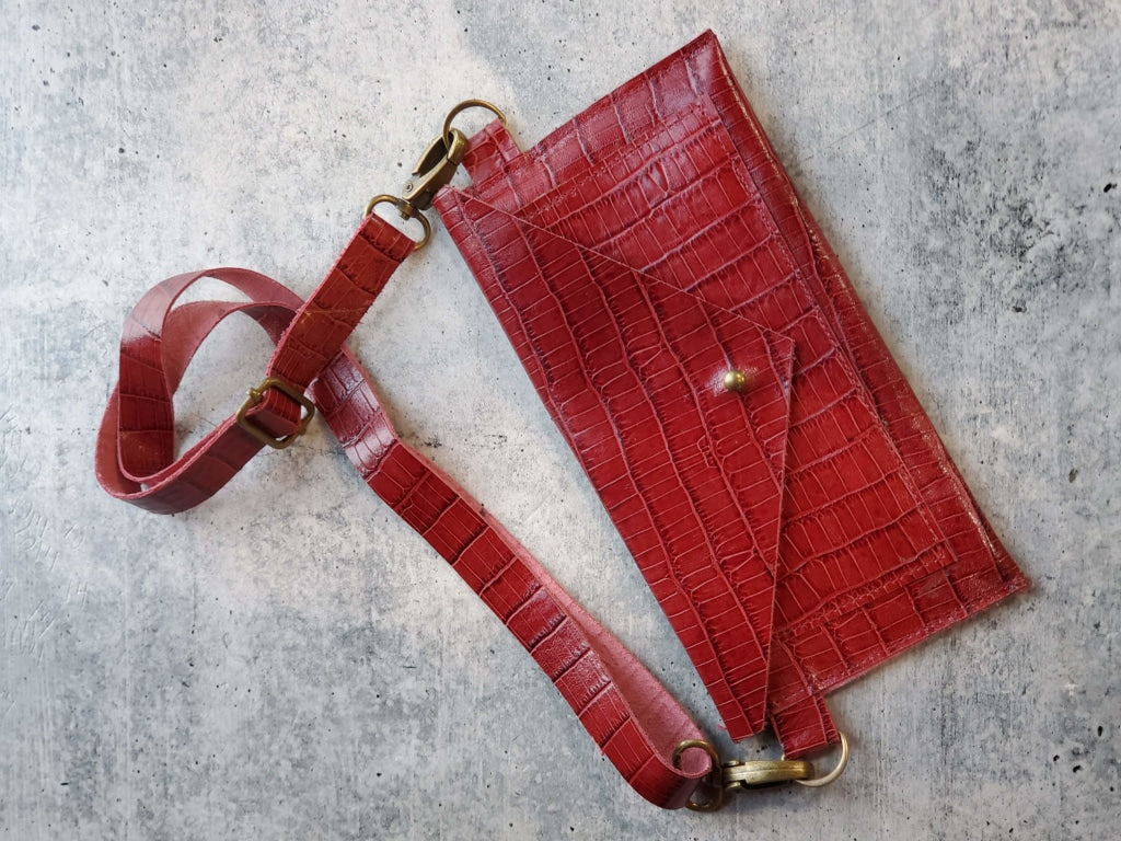 Envelope Crossbody Or Hip Bag - Adjustable Belt Red-Embossed Leather