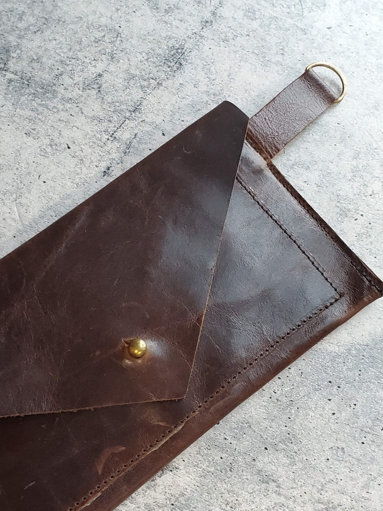 Envelope Crossbody Or Hip Bag - Adjustable Belt Vintage Bomber Brown Leather