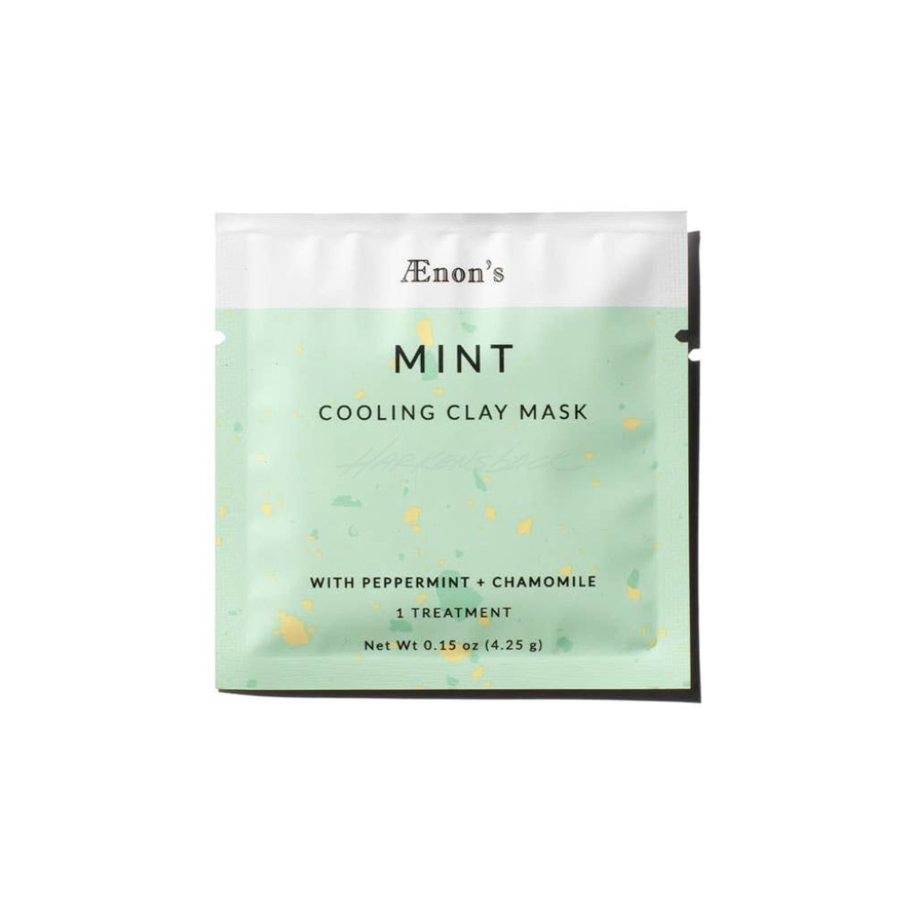 Mint green and white square product package for AEnon's Mint Cooling Clay Mask.