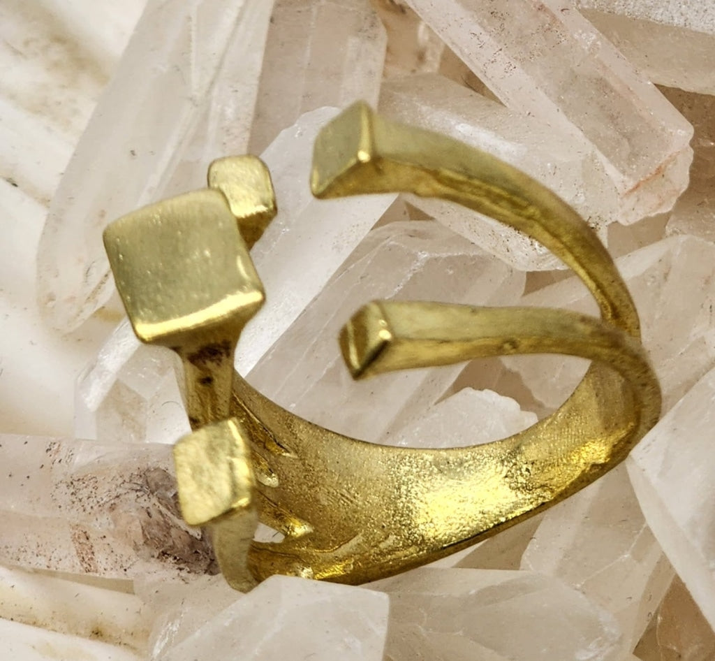 Nail Head Cubist Wrapped Brass Ring - Adjustable Jewelry