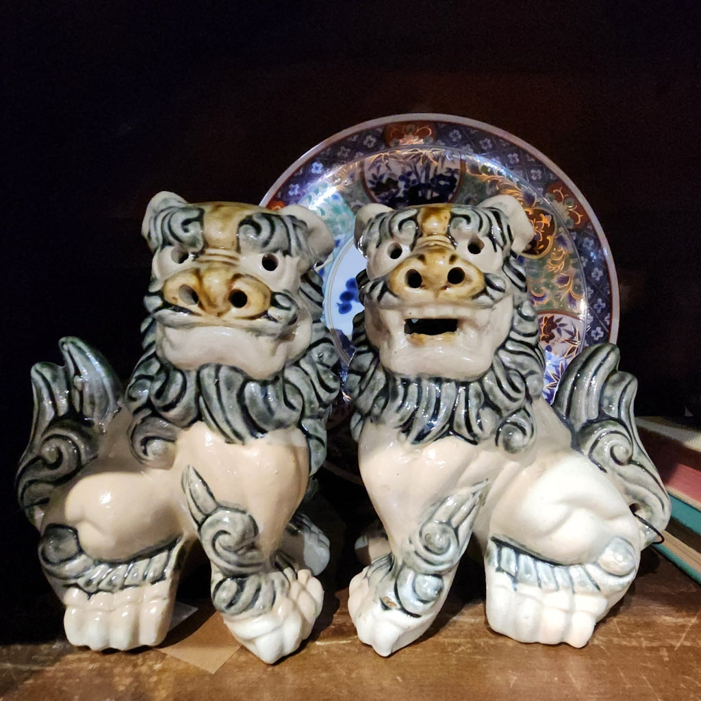 Pair Of Vintage Ceramic Stoneware Mcm Shisa Guardian Dogs Decor