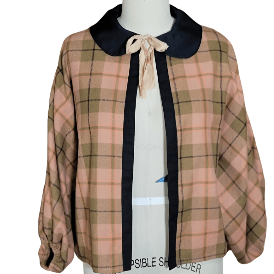 Peter Pan Collar Gathered Sleeve With Tie Front Jacket - Cotton Flannel Various Colors Tan And Olive