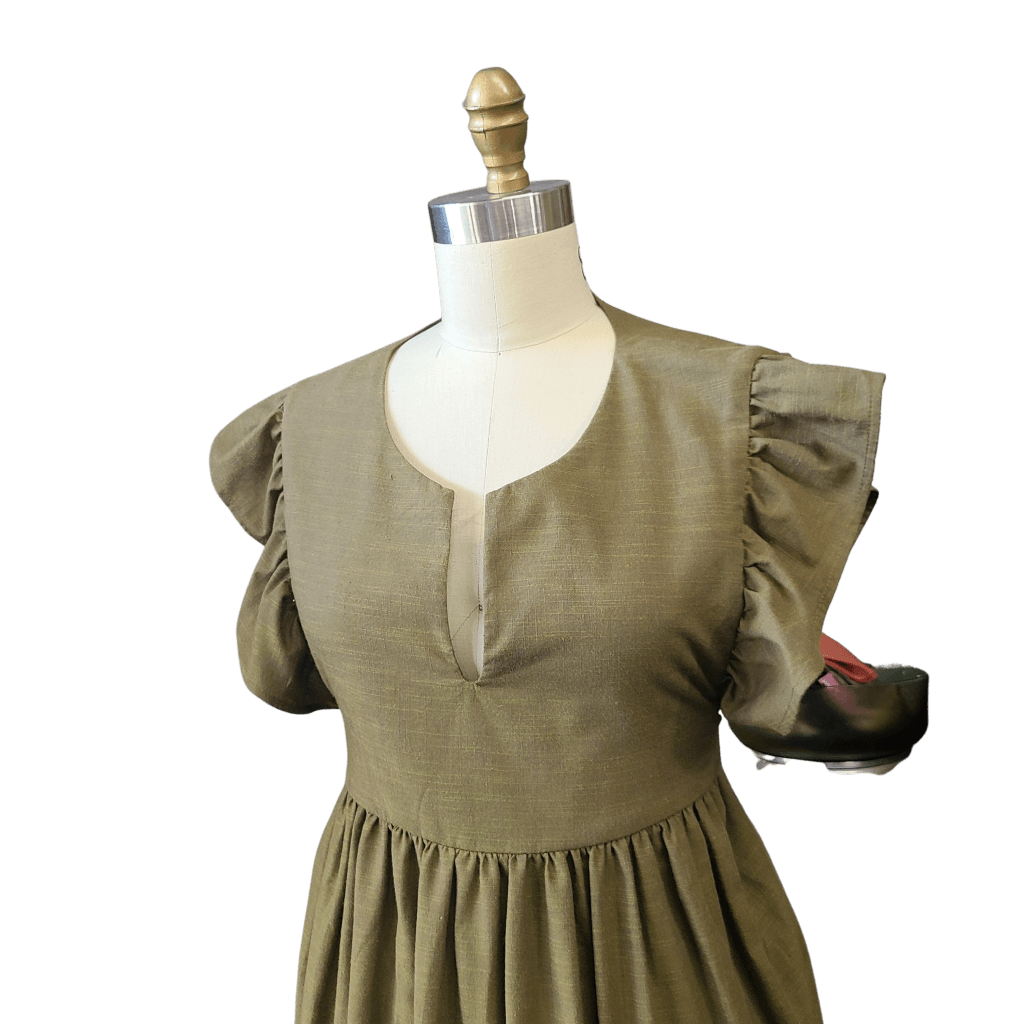 Ren Dress - Prairie Style Flutter Sleeve & Ruffle Cotton Moss Green / 1 With Tie Belt Apparel