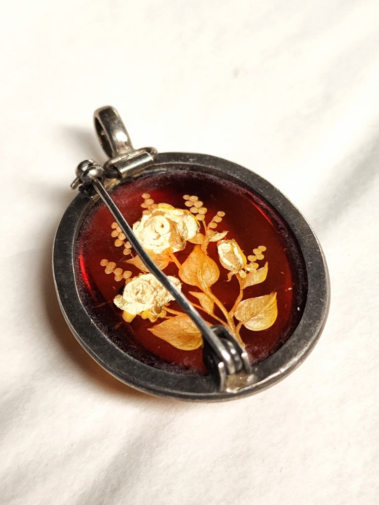Reversed Carved Domed Vintage Amber Rose Sterling Brooch Pendant Jewelry
