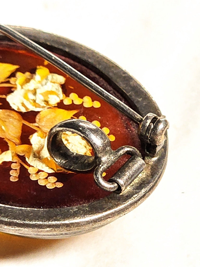 Reversed Carved Domed Vintage Amber Rose Sterling Brooch Pendant Jewelry