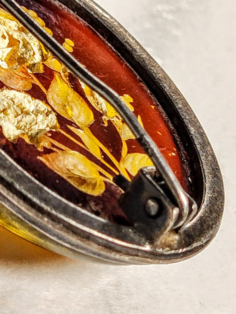 Reversed Carved Domed Vintage Amber Rose Sterling Brooch Pendant Jewelry
