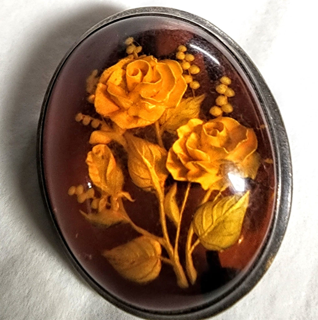 Reversed Carved Domed Vintage Amber Rose Sterling Brooch Pendant Jewelry