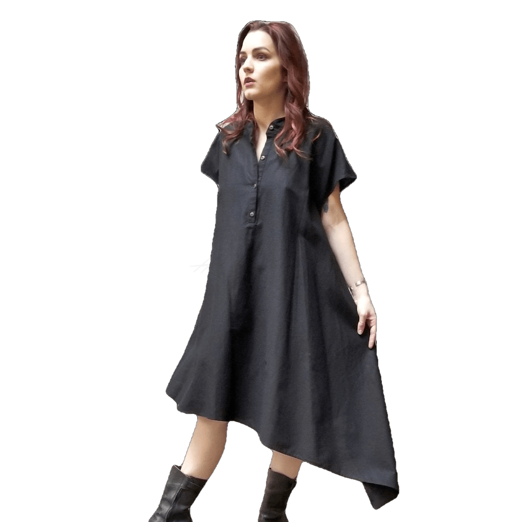 Model in McCULLOUGH Short Sleeve Asymmetric Henley Tunic in black poplin cotton at Harkensback.