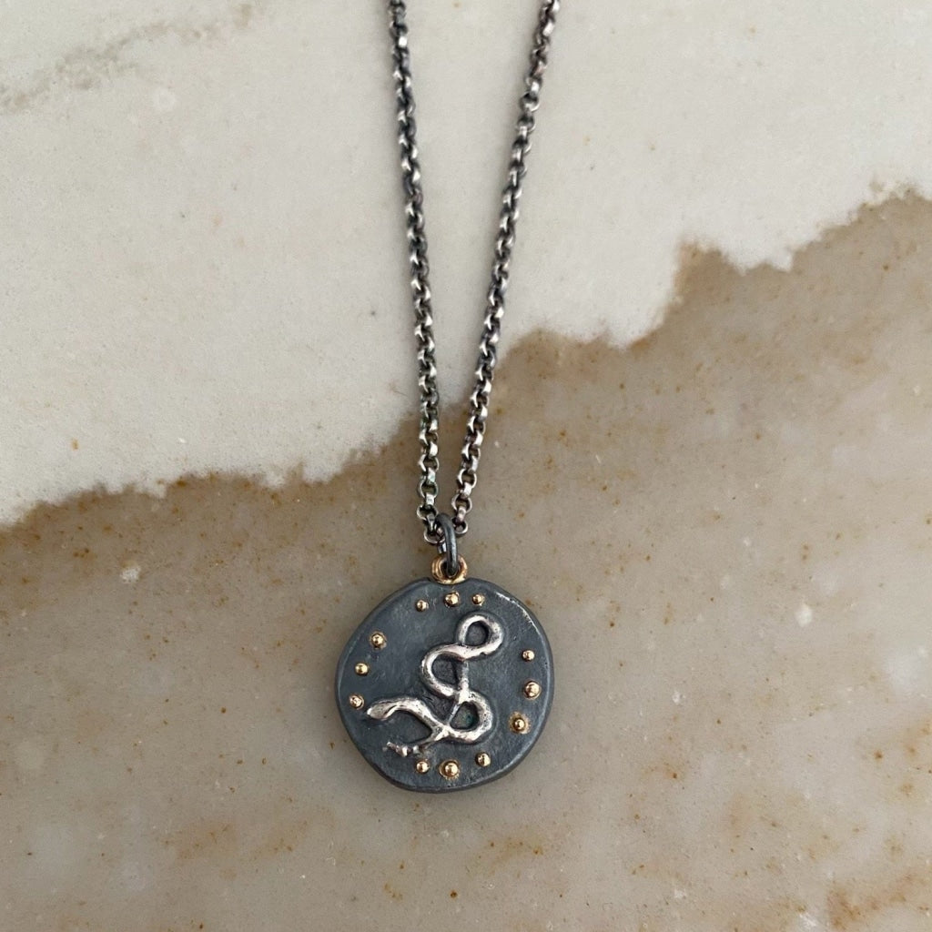 Snake Coin Necklace Sterling Silver & 14K Gold Jewelry