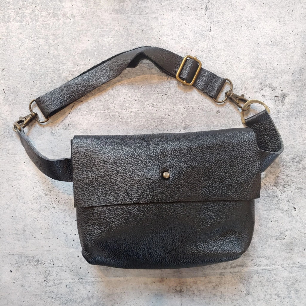 The Companion Hip Belt Bag - Sam Browne Button Closure Black Lustre Leather