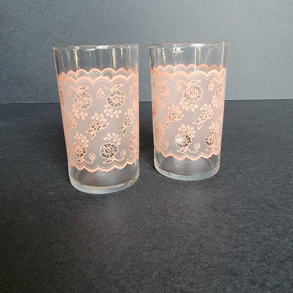 2 Pc - Tiara Exclusives Salmon Frosted Eyelet Juice Glasses Vintage Glassware